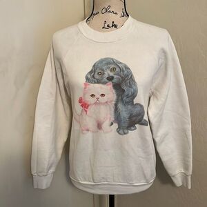 Vintage White Cat & Dog Graphic Pullover Sweater Pets Animals Kitty Doggie